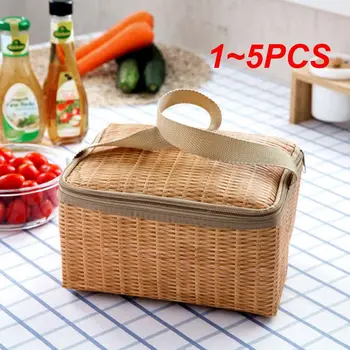 1 ~ 5ШТ Портативная сумка для пикника на открытом воздухе из плетеного ротанга, водонепроницаемая посуда, термоохладитель, корзина для пищевых контейнеров для кемпинга Изображение