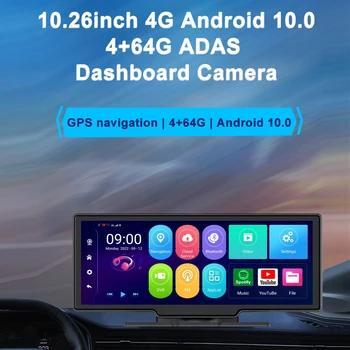 10,26-дюймовый автомобильный видеорегистратор с двойной системой 4G GPS навигации, приборная панель, Android-рекордер для вождения, Беспроводной CarPlay Auto Изображение
