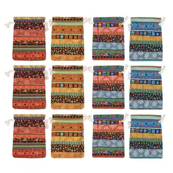 12 шт. ювелирные изделия в египетском стиле, мешочек для монет, подарочный пакет на шнурке с принтом, хлопковое саше, дорожный кошелек для конфет в этническом стиле Изображение