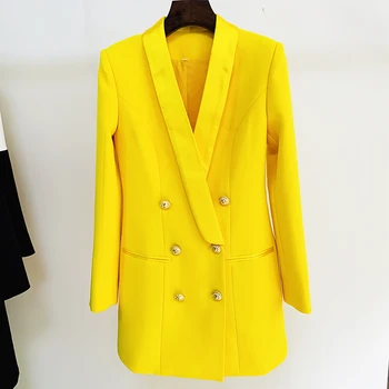 2023 высокое качество новейший дизайнерский длинный блейзер Лев кнопки двубортный атласная Шаль воротник блейзер платье флуоресцентный желтый Изображение