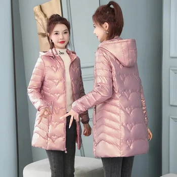 2023 Новая теплая пуховая хлопчатобумажная куртка для женщин, зимние парки на молнии с капюшоном, глянцевые тонкие пальто средней длины Оверсайз, черное пальто Изображение