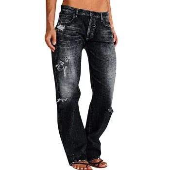 2023 Новые женские джинсы из рваного денима, модная уличная одежда с высокой талией, винтажные повседневные джинсовые брюки стрейч Изображение