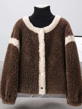 2023 Однобортная шуба из натурального меха, зимняя куртка, женская толстая теплая свободная верхняя одежда с круглым вырезом, уличная одежда Изображение