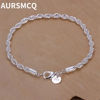 AURSMCQ Цвет серебро наивысшего качества 4 мм веревочная цепочка ювелирные изделия модный витой браслет для женщин мужские женские свадебные подарки милые Изображение