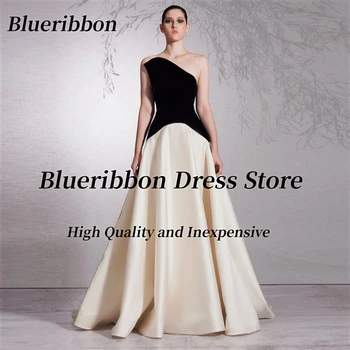 Blueribbon Современные девушки носят платья контрастных цветов для выпускного вечера, фестончатый вырез, сексуальные вечерние платья на спине, платье для вечеринки по случаю дня рождения Трапециевидной формы Изображение