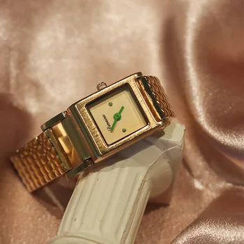 Dimeina Женские высококачественные кварцевые часы с квадратным циферблатом Orologio, Роскошные простые золотые часы из нержавеющей стали, женские золотые наручные часы Изображение