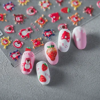 Disney Cute Strawberry Bear Stitch 5D Наклейка Для Ногтей Украшение Для Ногтей Винни Пух Микки Маус Наклейки Для Дизайна Ногтей Изображение