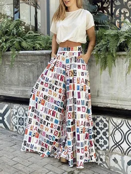 Lemongor, женские модные Широкие брюки контрастного цвета с буквенным принтом 2023, Летние Свободные Повседневные брюки для женщин Изображение