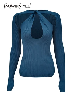 TWOTWINSTYLE, однотонные вязаные свитера для похудения, женский пуловер с круглым вырезом и длинным рукавом, сексуальный свитер, женская мода Изображение