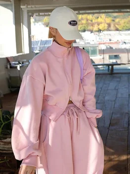 WeiYao, Осенне-зимняя уличная одежда, модные повседневные женские толстовки, комплект из двух предметов, короткое пальто на молнии, спортивные штаны с завязками, Розовый Изображение