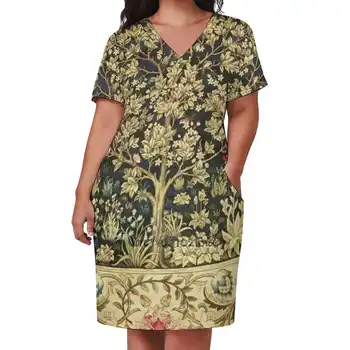 William Morris Tree Of Life Свободная юбка с V-образным вырезом и коротким рукавом, Элегантное платье высокого качества, юбка из легкой ткани William Morris Изображение