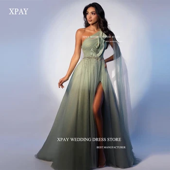 XPAY Современные платья для выпускного вечера из зеленого тюля с бусинами на одно плечо, накидка с разрезом на рукаве, Дубай, Арабские Женские вечерние платья, вечернее платье Изображение