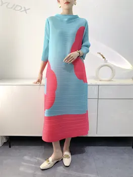 YUDX Miyake Женское Новое летнее плиссированное платье с принтом 2023, женские свободные модные Темпераментные сексуальные платья средней длины Изображение