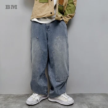 Американские Винтажные Потертые Прямые Мешковатые джинсы Для мужчин, повседневные джинсовые брюки-карго Harajuku, Высококачественные Свободные брюки для мужчин Изображение
