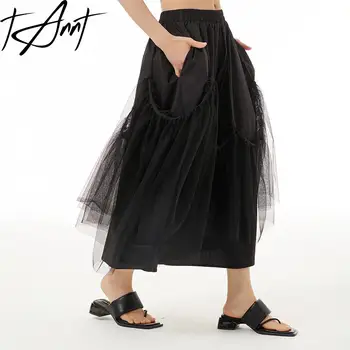 Асимметричная женская юбка Tannt, черные длинные юбки в стиле пэчворк с высокой талией, нерегулярные винтажные модные Длинные сетчатые юбки, женские 2023, Новинка Изображение