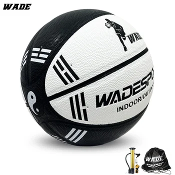 Баскетбольный мяч WADE Classic Tai Chi из черно-белой искусственной кожи размера 7 для взрослых в помещении/на улице с бесплатным подарком Изображение