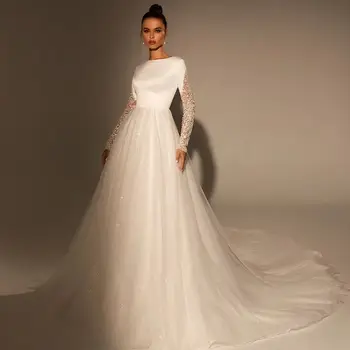 Блестящие свадебные платья 2024 с круглым вырезом И длинными рукавами Vestido de Novia Свадебное платье для гостей с открытой спиной Свадебные платья для второй вечеринки Изображение
