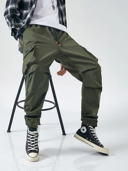 Брюки-карго в японском стиле, мужские повседневные брюки оверсайз, уличная одежда, черные брюки для бега трусцой, летние брюки в стиле харадзюку в стиле хип-хоп С большими карманами Изображение