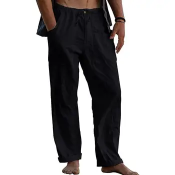 Весенние льняные широкие мужские брюки, Корейские брюки из хлопка Оверсайз, Уличная одежда для мужчин, Новые штаны для йоги, Повседневная мужская одежда, спортивные брюки Изображение