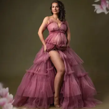 Вечерние платья трапециевидной формы из розового тюля для беременных, Многоуровневые платья для беременных без рукавов, с оборками, длиной до пола, для фотосъемки. Изображение