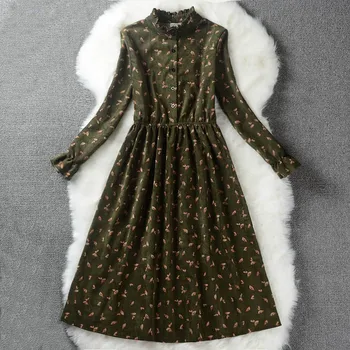 Винтажное плиссированное платье с цветочным принтом, женское тонкое вельветовое платье с воротником-стойкой, женские осенне-зимние платья RE0284 Изображение