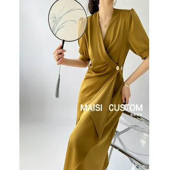 Высококачественное Женское платье с V-образным вырезом в Новом Летнем стиле 2023 года с Тонкой Талией, платье из Ацетатного Атласа Изображение