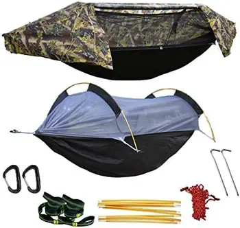 Гамак с москитной сеткой и чехлом от дождя 3 в 1, походный гамак-палатка, нагрузка 440 фунтов Изображение