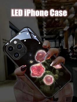 Девушки Цветок Светодиодный Светящийся Люминесцентный Чехол Для Телефона из Закаленного Стекла для iPhone 11 12 13 14 15 X Xs Xr Mini Pro Max Plus Изображение