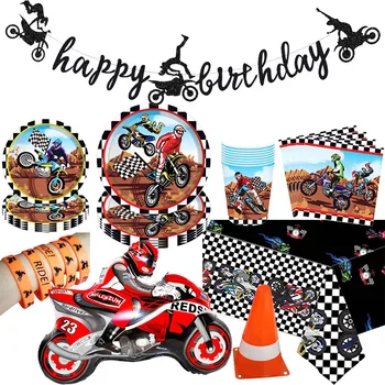Декор для велосипеда грязи для мальчика, День рождения мотоцикла, Одноразовая посуда, баннер, воздушный шар, декор для торта, День рождения мотогонки Изображение