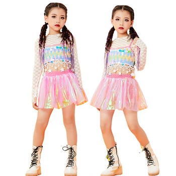 Детская летняя танцевальная одежда LOLANTA, топ с блестками, юбка / брюки в сетку, уличная одежда в стиле хип-хоп, современный джаз, костюм для выступлений на сцене Изображение