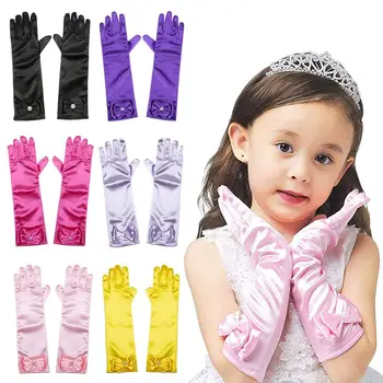 Детские длинные перчатки, сценические перчатки для принцессы, атласные блестки, перчатки с бантом, варежки на все пальцы, Подарки на День рождения Изображение