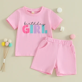 Детский наряд для именинницы, футболка с короткими рукавами с принтом для именинницы, эластичные шорты, летняя одежда принцессы из 2 предметов Изображение