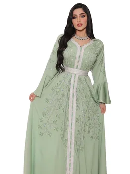 Дубай Абая Роскошь Для Мусульманских Женщин Цветочный Горный Хрусталь Кружевная Лента Платье С Поясом Марокканский Кафтан Исламские Платья Рамадан Изображение