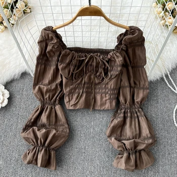 Женская Y2K Винтажная укороченная блузка в стиле Гранж 90-х, мода 90-х, милая повседневная уличная одежда с длинными пышными рукавами и бантом, топ в стиле Бохо Цыганский Ретро. Изображение