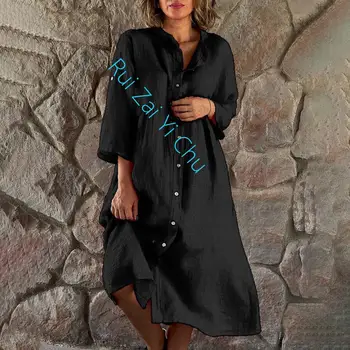 Женская летняя модная повседневная уличная одежда 2023, черно-белое длинное платье с однотонными пуговицами, женские вечерние платья, льняное Свободное платье-рубашка Изображение