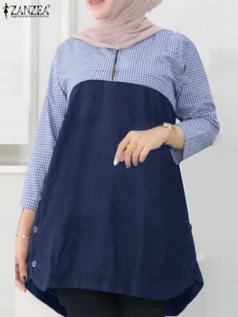 Женская осенняя блузка ZANZEA, Винтажная рубашка в сетку с длинным рукавом, Мусульманские топы в стиле пэчворк, Абая, Женская свободная джинсовая блузка Изображение