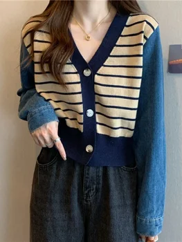 Женская осенняя одежда 2023 года, новые вязаные свитера с V-образным вырезом, полосатый кардиган в ковбойском стиле, Корейский модный топ с длинным рукавом, трикотажные изделия Изображение