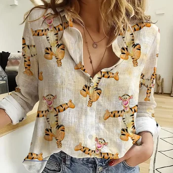 Женская рубашка Disney Tigger, модная элегантная рубашка с длинным рукавом и пуговицами, женская гавайская рубашка Disney, повседневная пляжная рубашка Y2k Top Изображение