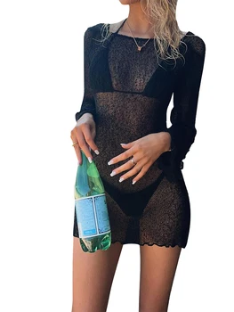 Женские накидки-бикини, Однотонное прозрачное пляжное трикотажное мини-платье с длинным рукавом и открытой спиной, купальники, Солнцезащитная блузка Изображение