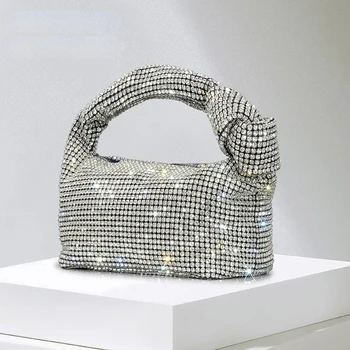 Женские сумки из золотистой ткани, сумка для лапши ручной работы, сумка для клецек, сумка через плечо, серебристый вечерний клатч Hobo с веревочным узлом Изображение