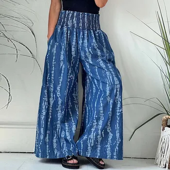 Женские хлопчатобумажные льняные брюки с винтажным принтом, летняя мода, эластичный пояс, Тонкие широкие брюки, повседневные Свободные прямые брюки длиной до щиколоток Изображение