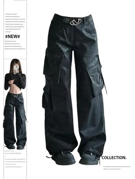 Женские черные кожаные брюки в готическом стиле Y2k, уличная одежда в стиле эмо 2000-х, винтажные брюки-карго Harajuku, брюки-карго, одежда 90-х, Изображение
