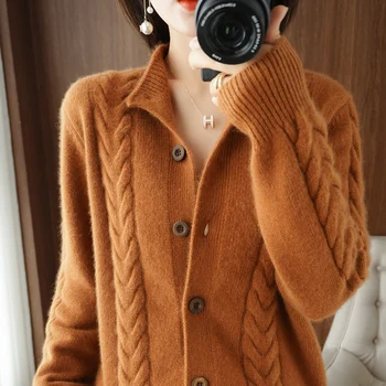 Женский весенне-осенний вязаный кардиган с черепашьим вырезом, свитер, Короткое пальто, Однобортный Однотонный Теплый Эластичный свитер Y2k Lady Изображение