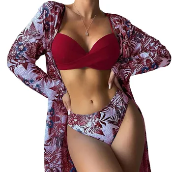 Женский купальный костюм, купальник из 3 предметов с высокой талией, цветочный купальник от S до XL Изображение