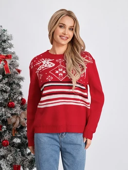 Женский Рождественский свитер Shunvnny с геометрическим узором, вязаный джемпер с длинным рукавом и круглым вырезом, пуловер для праздничной вечеринки Изображение