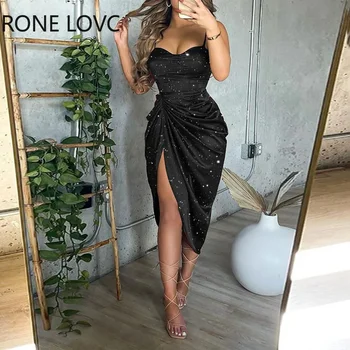 Женское Блестящее Сексуальное Платье-Спагетти С Высоким Илистым Гофрированием Midi Sexy Party Dress Изображение