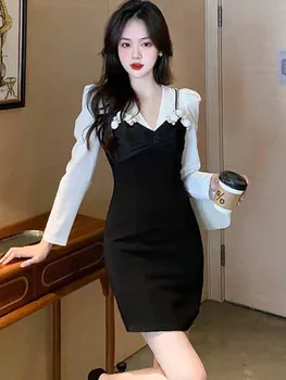 Женское модное мини-платье из двух частей в стиле Пэчворк, осень-зима, Облегающее Офисное Женское платье с длинным рукавом, Корейское Винтажное платье 2023 г. Изображение