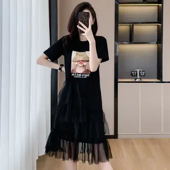 Женское платье в стиле пэчворк из черной сетки, лето 2023, Новая модная юбка средней длины с короткими рукавами Изображение