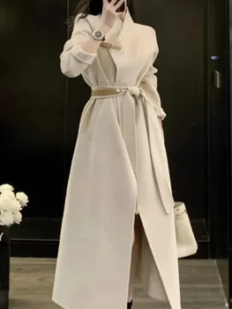 Зимнее женское Элегантное Повседневное Шерстяное пальто, Модная Новая Винтажная Свободная верхняя одежда, куртки с поясом, женские Шикарные однотонные пальто Изображение