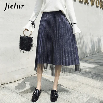 Зимняя модная плиссированная юбка Jielur, женские осенние сетчатые юбки средней длины, женские элегантные женские блестящие пайетки, серебристо-черные Saias Изображение
